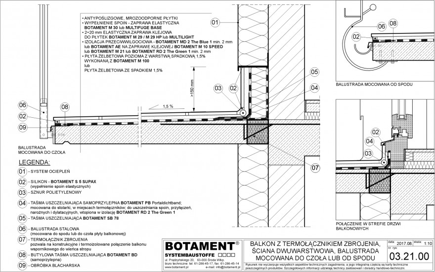 Rys. 1. Balkon z termołącznikiem zbrojenia, ściana dwuwarstwowa, balustrada mocowana do czoła lub od spodu.